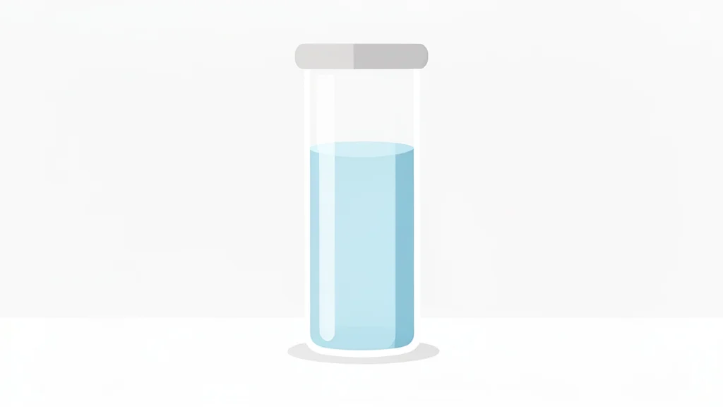 A glass vial containing clear liquid standing on a white laboratory bench