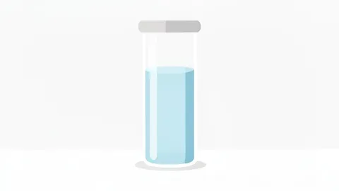 A glass vial containing clear liquid standing on a white laboratory bench