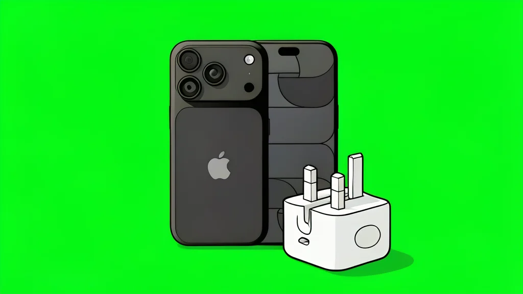 A sleek smartphone resting on a wooden table next to a white charging cable and adapter.