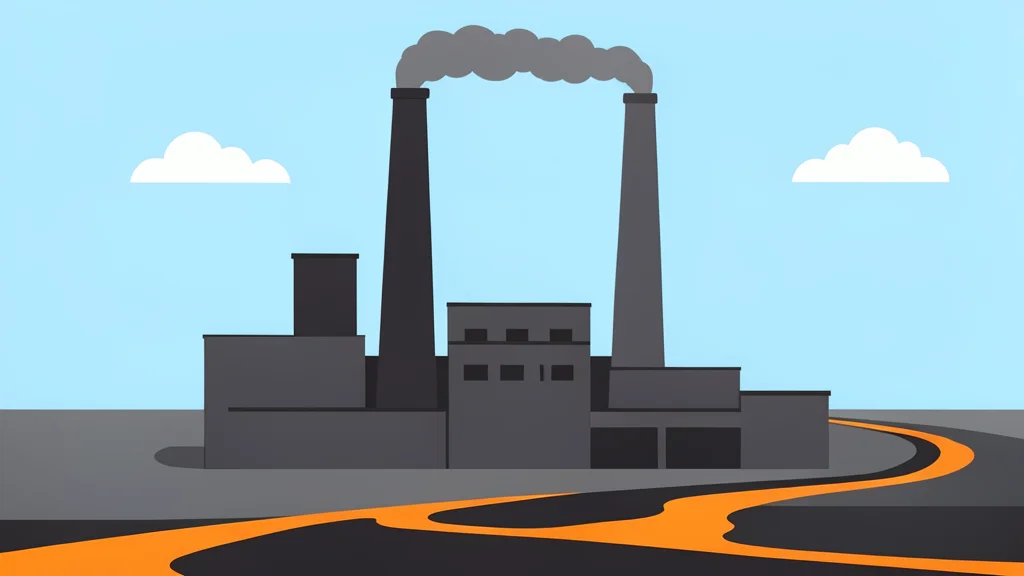 A large industrial smelter facility with tall smokestacks and molten metal flowing in a channel