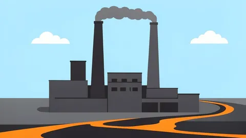 A large industrial smelter facility with tall smokestacks and molten metal flowing in a channel