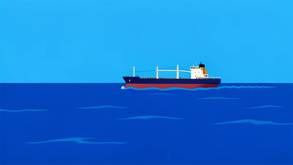 A wide expanse of deep blue sea with a large oil tanker ship navigating through the water