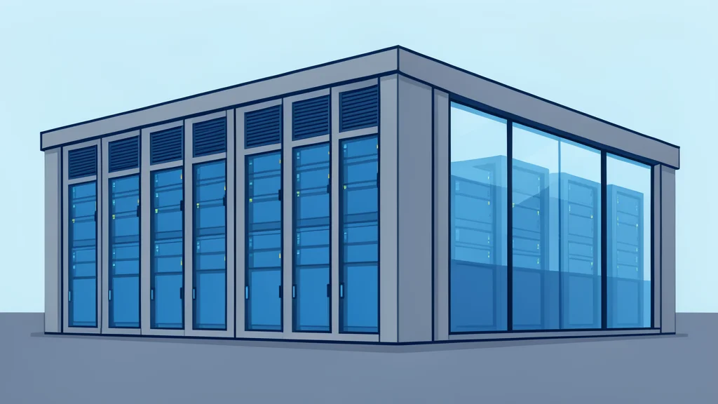 A modern data center building exterior with rows of cooling units and server racks visible through glass windows