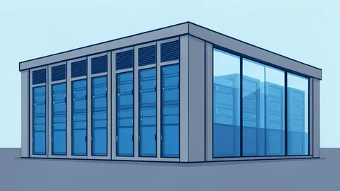 A modern data center building exterior with rows of cooling units and server racks visible through glass windows