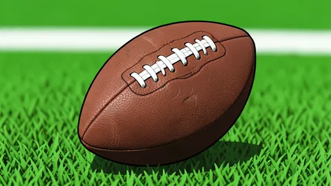 A flat vector illustration of a green football field with white yard lines and distant goalposts.