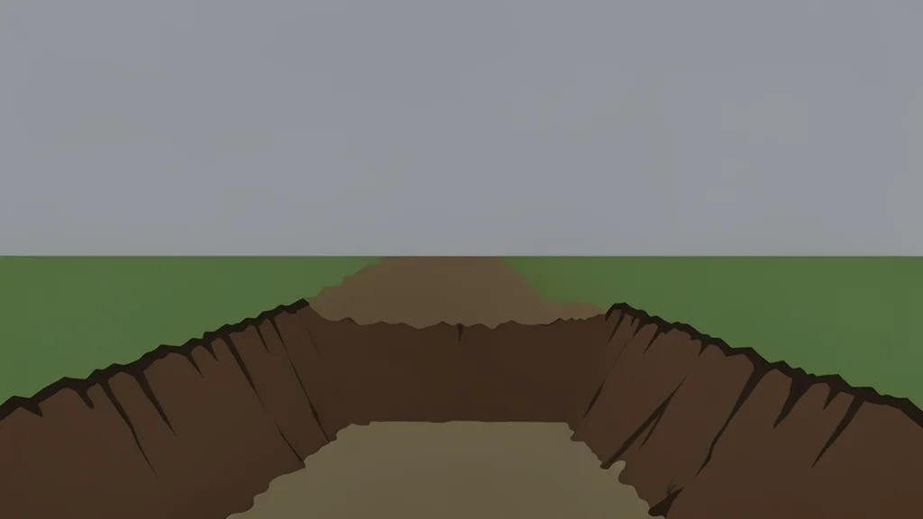 A muddy trench line cutting through a grey, overcast field