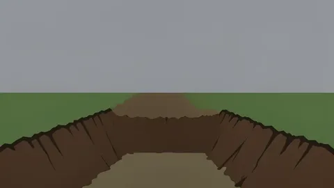A muddy trench line cutting through a grey, overcast field