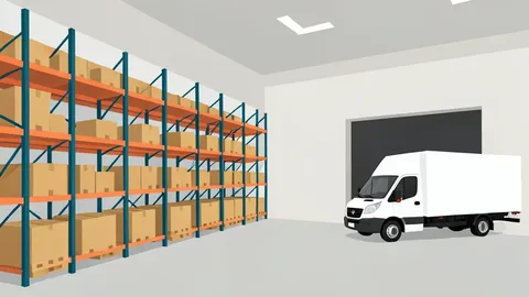 A flat vector illustration of a modern warehouse interior with rows of shelving and a delivery van parked outside.