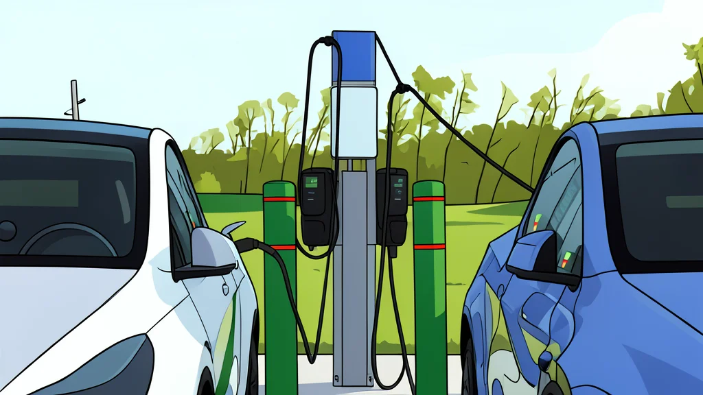 A modern electric vehicle charging station with a cable plugged into a car port, set against a backdrop of a highway and distant industrial refinery structures.
