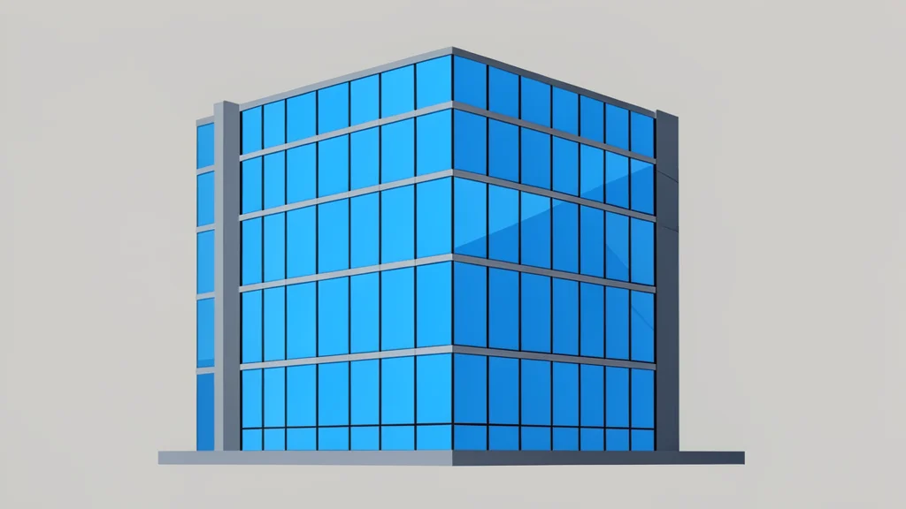 A modern glass office building facade with reflections of a clear blue sky