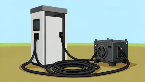 A modular electric vehicle charging station with a thick cable coiled on the ground next to a portable generator unit in an open field.