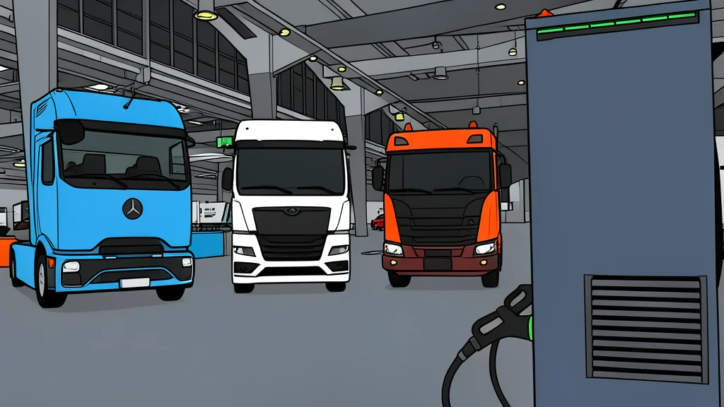 A large industrial charging station with a thick cable connected to the rear of a heavy-duty truck