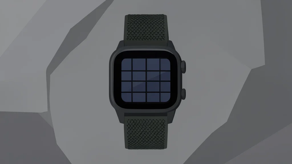 A rugged outdoor smartwatch with a solar panel on the face and a nylon strap, resting on a rocky surface.