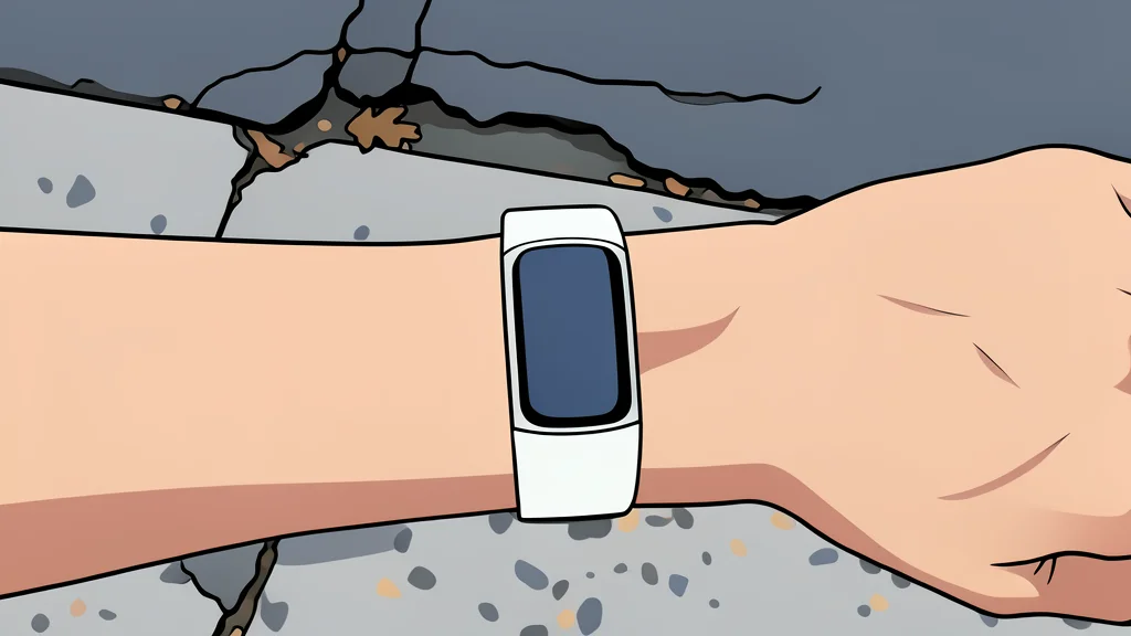 A curved fitness tracker band on a wooden desk near a window with a sunset view