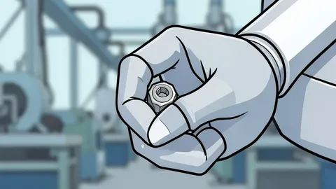 A flat-vector illustration of a humanoid robot standing next to a conveyor belt in a factory.
