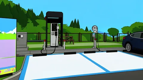 A white electric vehicle plugged into a charging station under a bright blue sky with a large sun overhead