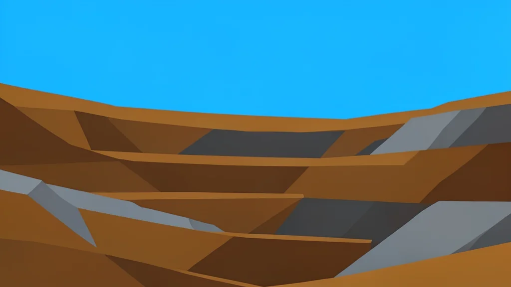 A rugged, open-pit mining landscape with exposed layers of earth and rock under a clear sky
