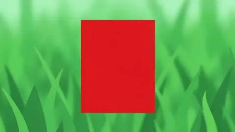 A red card held up against a blurred green grass field background