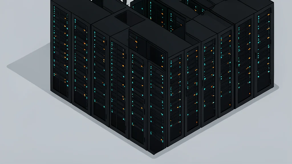 A modern server room with rows of black server racks and glowing status lights