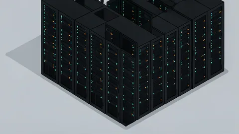 A modern server room with rows of black server racks and glowing status lights