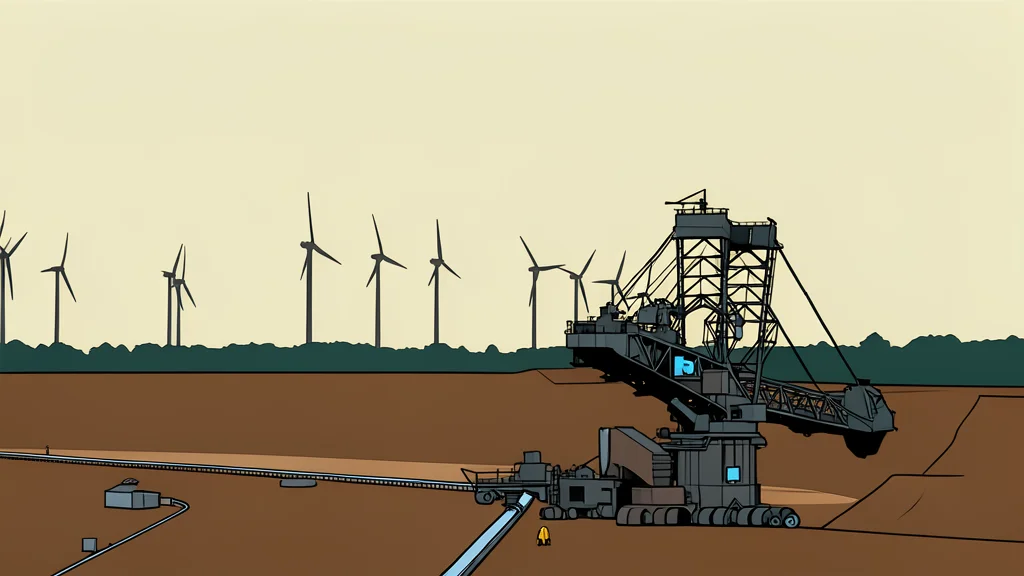 A large industrial excavator arm resting on a pile of raw ore in a vast open-pit mine