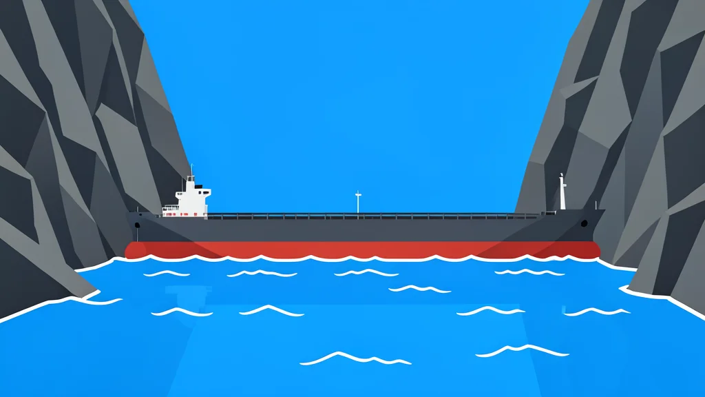 A large oil tanker navigating a narrow rocky strait