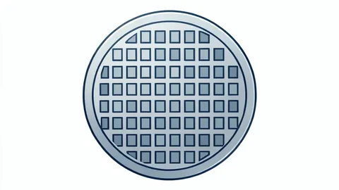A flat-vector illustration of a silicon wafer with a grid of square chips