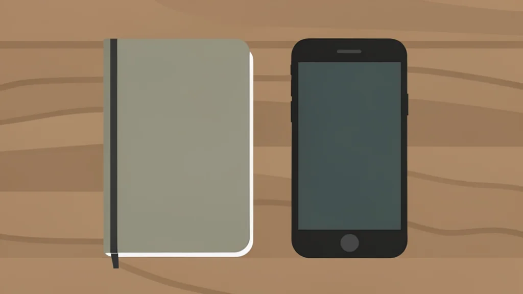 A closed hardcover notebook lying on a wooden desk next to a sleek, rectangular smartphone