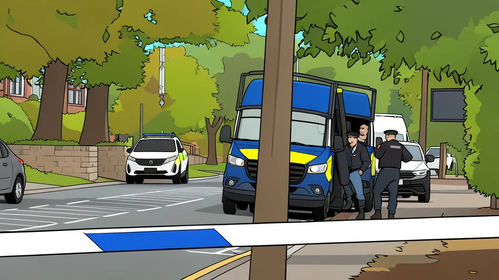 A row of blue and white police vans parked on a quiet city street corner