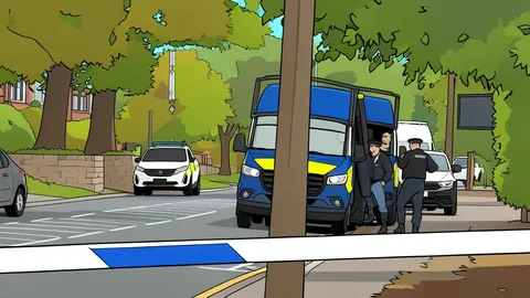 A row of blue and white police vans parked on a quiet city street corner