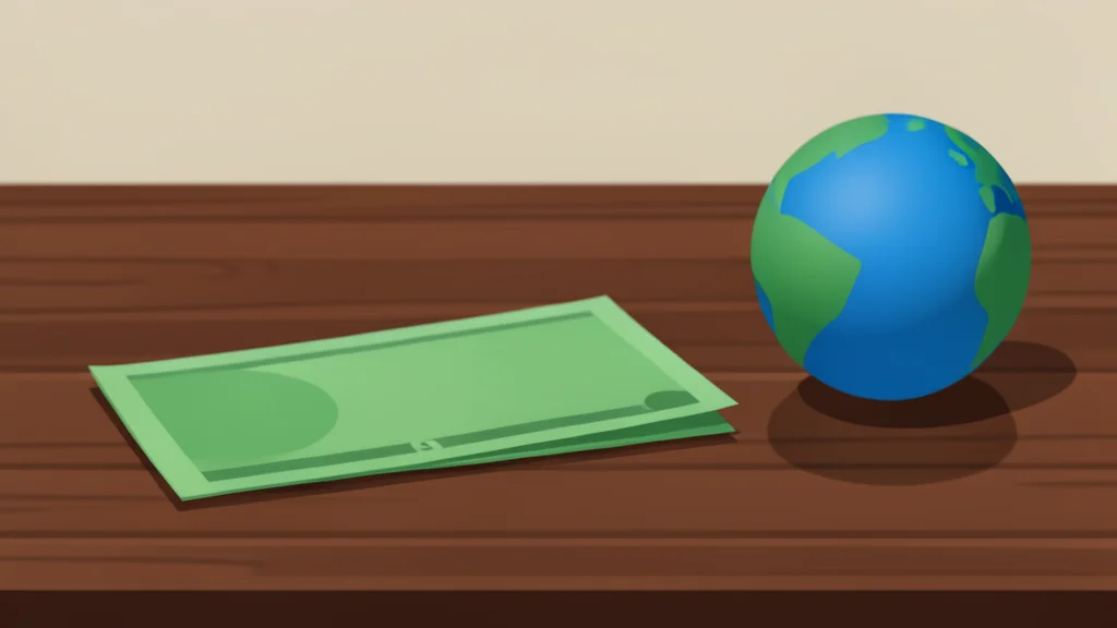 A stack of Chinese banknotes resting on a wooden desk next to a globe