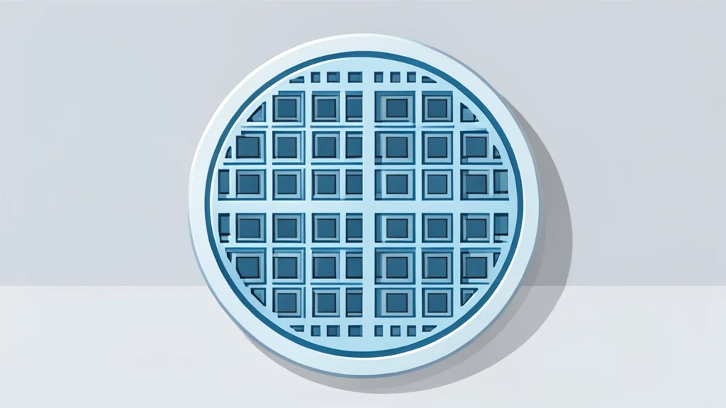 A close-up view of a silicon wafer with a grid of square chips, resting on a clean laboratory surface.