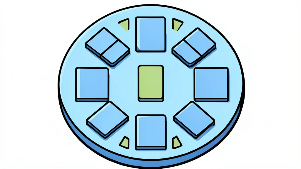 A close-up view of a silicon wafer with a grid of square chips