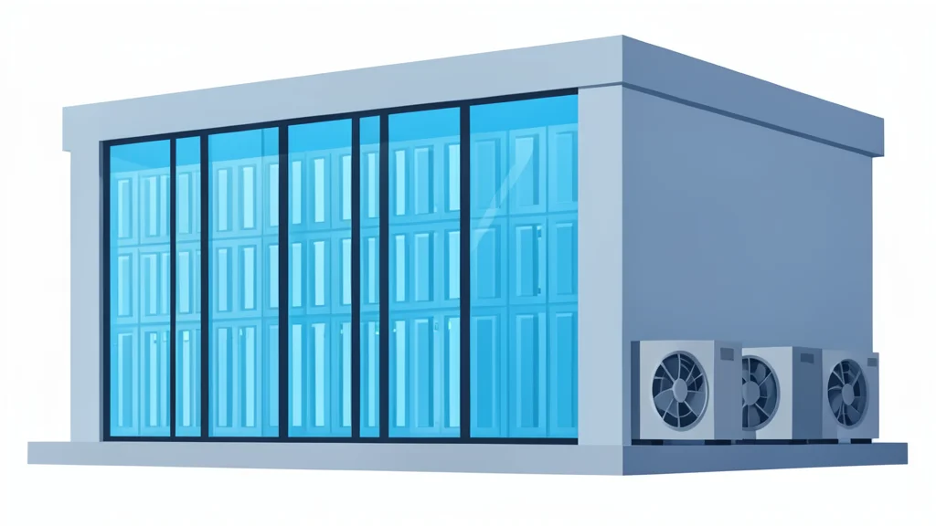 A modern data center building exterior with rows of cooling units and server racks visible through glass windows