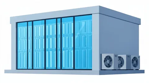 A modern data center building exterior with rows of cooling units and server racks visible through glass windows