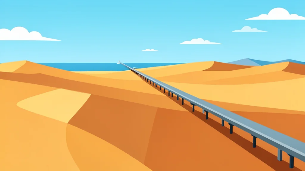 A flat vector illustration of a long pipeline stretching across desert dunes towards a distant coastline.