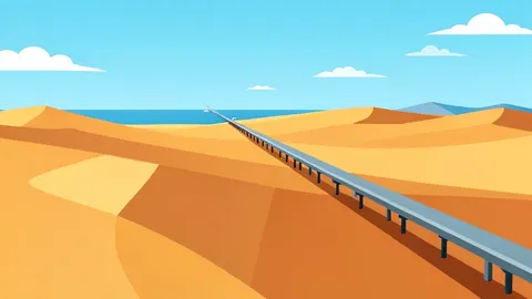 A flat vector illustration of a long pipeline stretching across desert dunes towards a distant coastline.