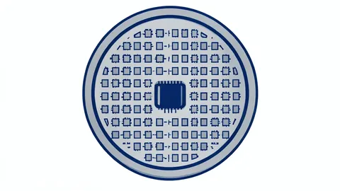 A close-up vector illustration of a silicon wafer featuring a precise grid of square integrated circuits.