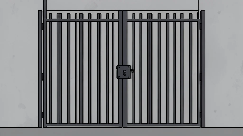 A heavy iron prison gate with vertical bars and a padlock, set against a plain concrete wall.