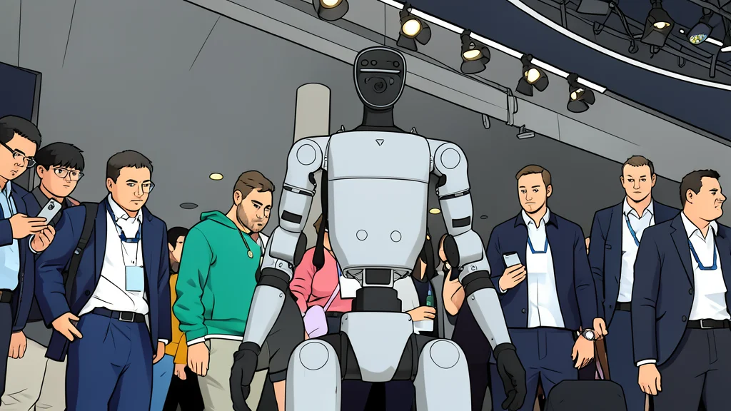 A sleek, bipedal humanoid robot standing on a polished concrete floor in a dimly lit industrial warehouse.