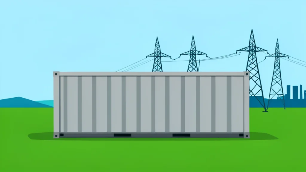 A large industrial battery storage container situated in an open field near a high-voltage substation