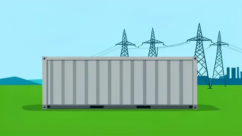 A large industrial battery storage container situated in an open field near a high-voltage substation