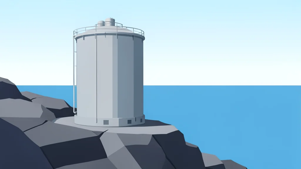 A large industrial gas storage tank standing in a coastal landscape