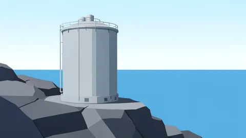 A large industrial gas storage tank standing in a coastal landscape