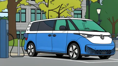A white electric minivan parked on a dusty road with a charging cable connected to its side port