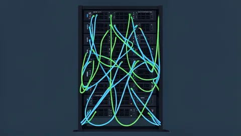 A dense rack of network switches with glowing fiber optic cables connecting them in a dark room