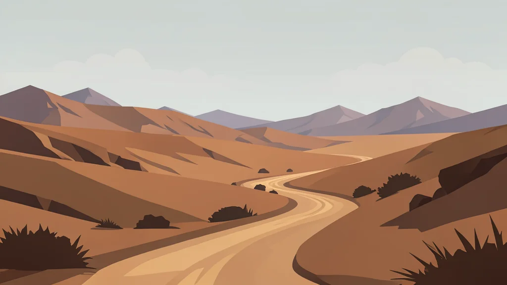 A flat vector illustration of a rugged, arid landscape with winding dirt roads and distant mountain ranges under a hazy sky.