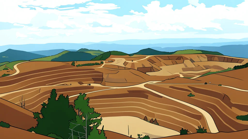 A heavy industrial excavator bucket resting on a pile of raw earth and rock in an open-pit landscape.