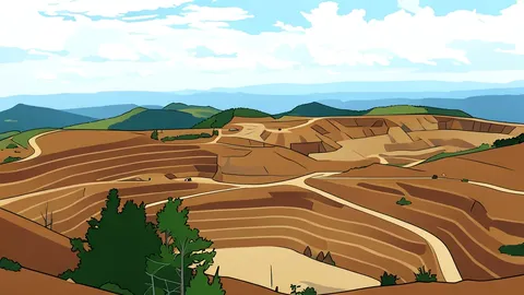 A heavy industrial excavator bucket resting on a pile of raw earth and rock in an open-pit landscape.