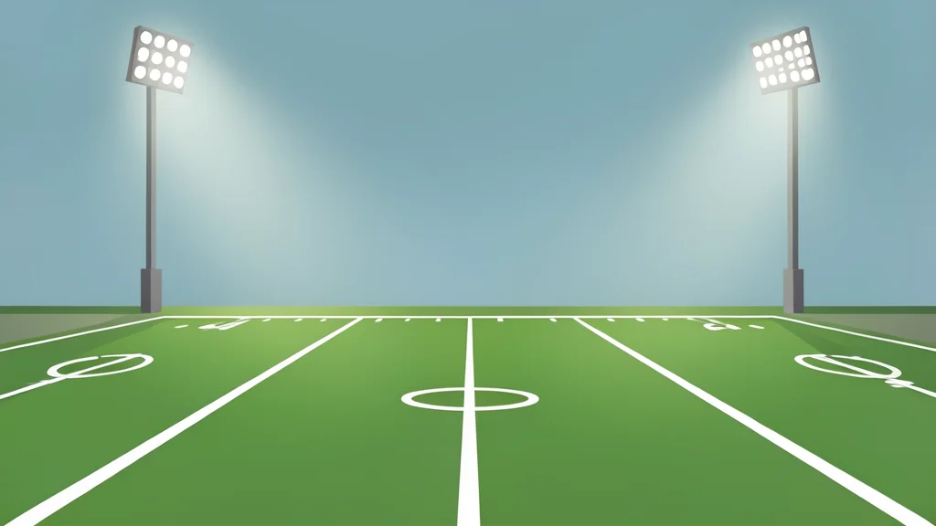 A flat vector illustration of a green football field with white yard lines under bright stadium lights.